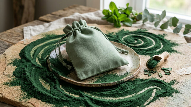 Spirulina powder in a linen pouch on a rustic wooden table
