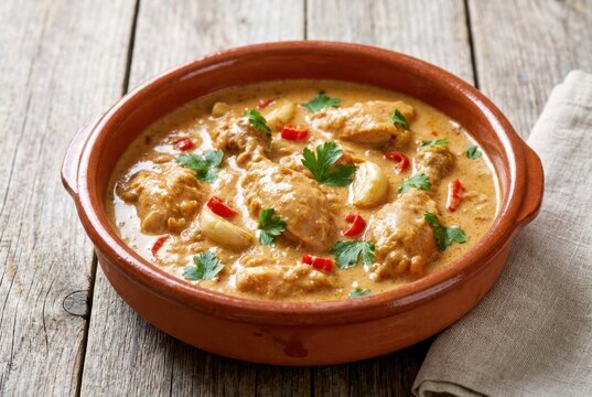 Traditional Ivory Coast Sauce d Arachide Creamy Chicken Peanut Stew in Clay Bowl
