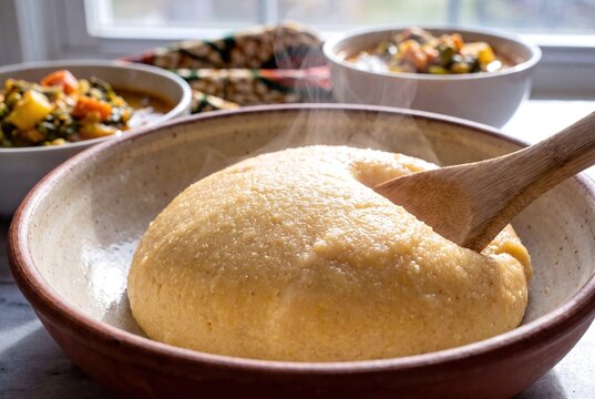Traditional Nigerian Eba Prepared from Roasted Cassava Flour Served Hot with Vegetable Soup