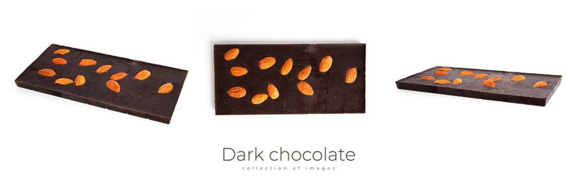 Dark chocolate with cocoa and whole almond isolated on a white background. High quality photo