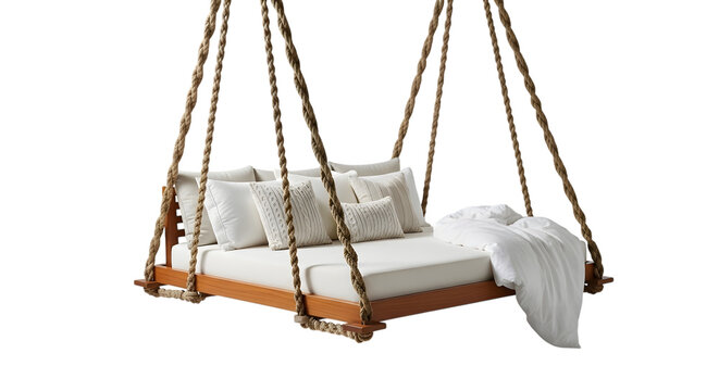 Hanging wooden daybed with white cushion isolated on white isolated on transparent background