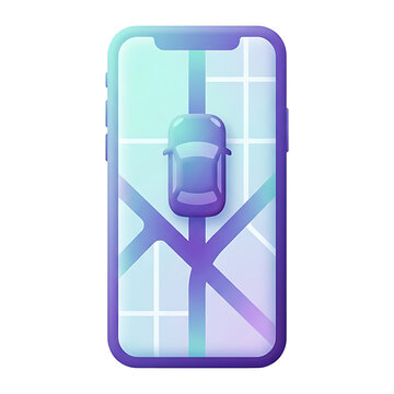 Smartphone screen showing gradient map with car icon on intersecting streets, teal and purple GPS navigation app for ride sharing and travel tracking concepts