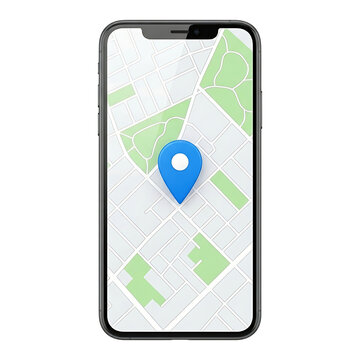 Smartphone screen displaying detailed city map with blue location pin marker, showing streets parks and buildings for GPS navigation and tracking apps