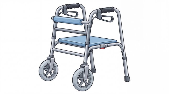 Medical mobility walker featuring blue seat and metal frame displayed as clear isolated on white background