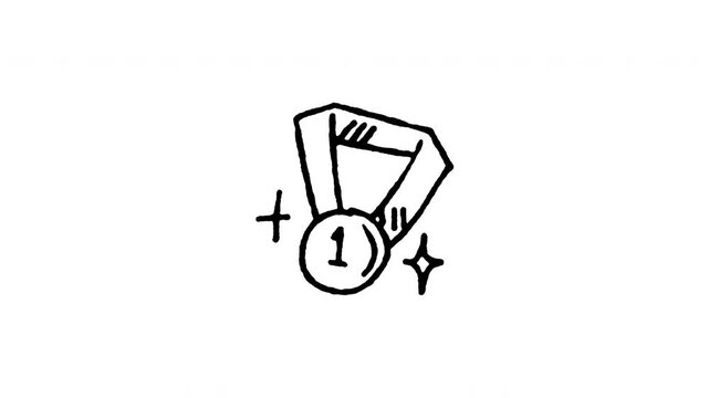 4K hand drawn first place winner gold medal pop-up icon featuring boiling line animation. Frame by frame line art on black and green screen backgrounds for championship, sports award, victory.