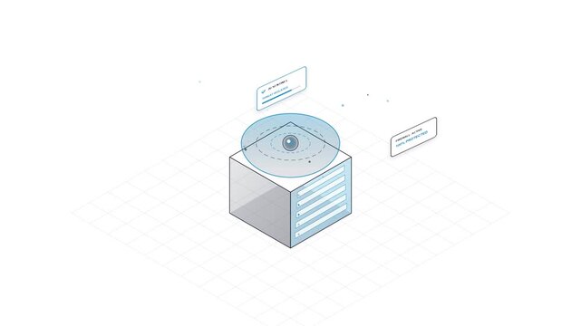 Isometric 3D server unit icon with blue holographic circles and metallic sphere on white grid background.