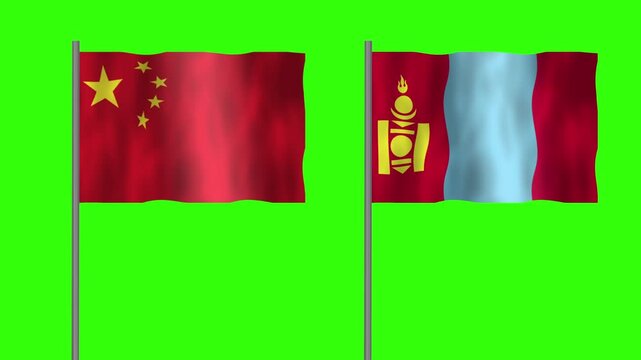 Flag of Mongolia and China, Pole flag of Mongolia and China on Green screen chroma key, Mongolia and China flag waving.
