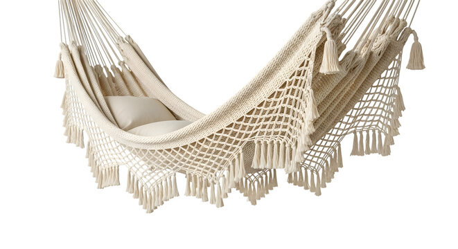 Beige woven cotton hammock with tassel fringe isolated on transparent background