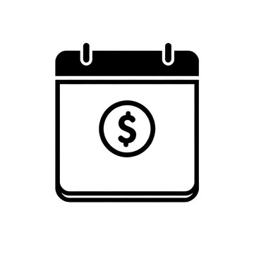 A simple minimalist black silhouette icon of a daily calendar page with a coin, representing daily micro-savings, mutual fund investment planning, and long-term retirement wealth, isolated on white.