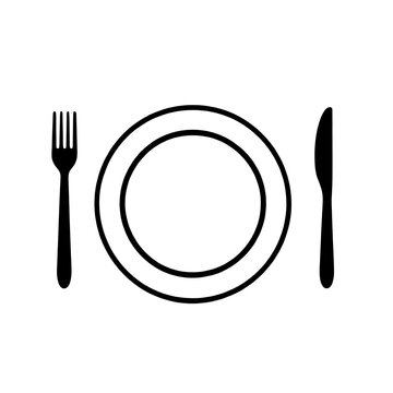 A simple minimalist black silhouette icon of a plate with a fork, representing university nutrition studies, organic vegan diet, and healthy lifestyle wellness, isolated on white.