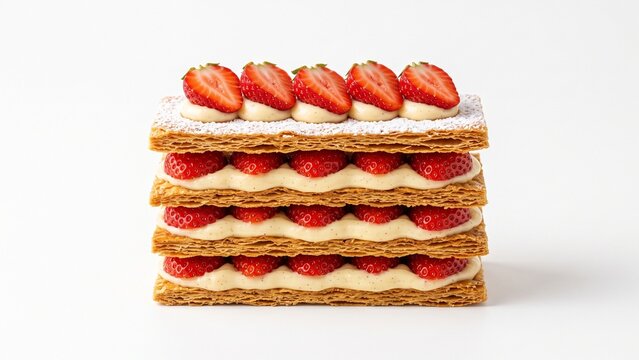 Premium strawberry mille-feuille isolated on a clean white background with flaky puff pastry, silky cream, and fresh strawberries in elegant commercial food photography.