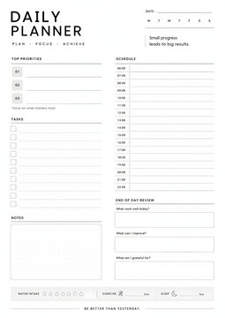 Daily planner template with schedule and task list isolated on a transparent background