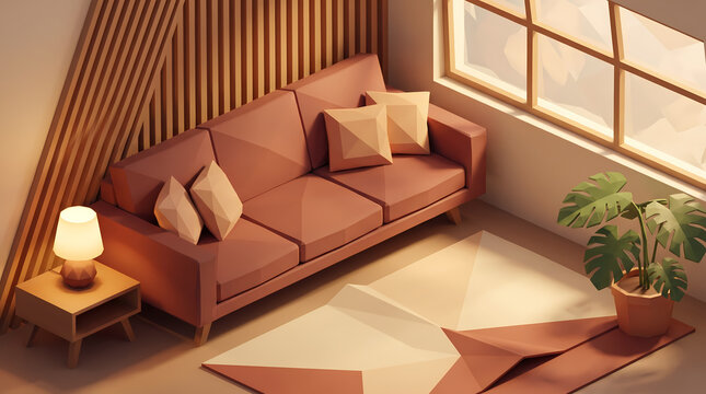 Low-Poly 3D Cozy Living Room Interior Diagonal Composition