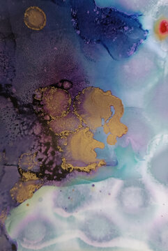 Abstract fluid art pattern in blue violet tones with red and golden spots and transparent boobles