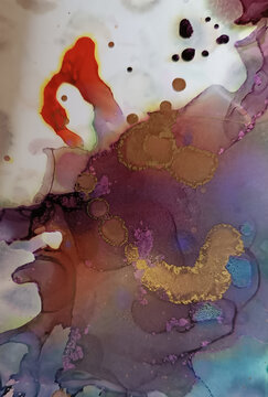 Abstract fluid art pattern in red violet tones with scarlet and golden spots