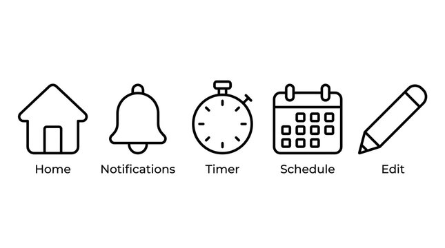Set of five black line art interface icons with labels