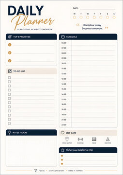 Daily planner template with schedule and to-do list isolated on a transparent background