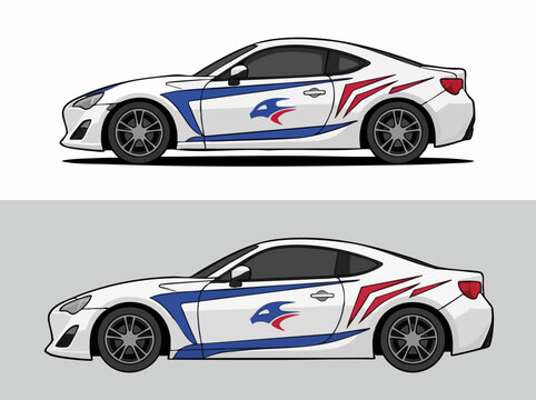 Side view of white sports car with racing decals