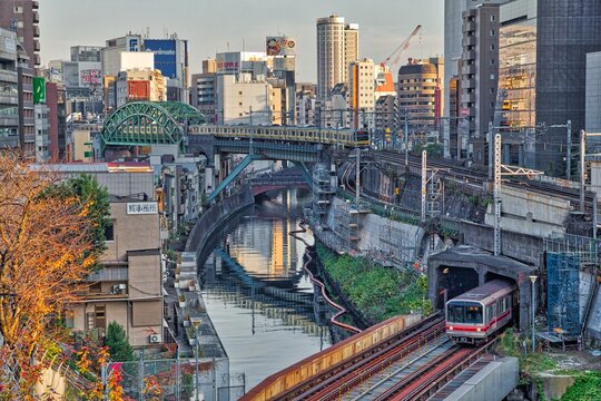 TOKYO, JAPAN - DECEMBER 4, 2016: Ochanomizu view in Tokyo, Japan. Ochanomizu is known for its multi level railway line crossing.