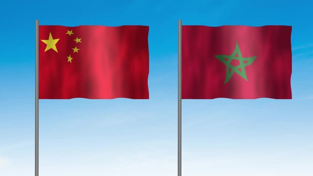 Flag of Morocco and China, Pole flag of Morocco and China on clear sky background. Morocco and China flag waving. 
