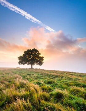Solitary tree against dramatic sky backdrop.