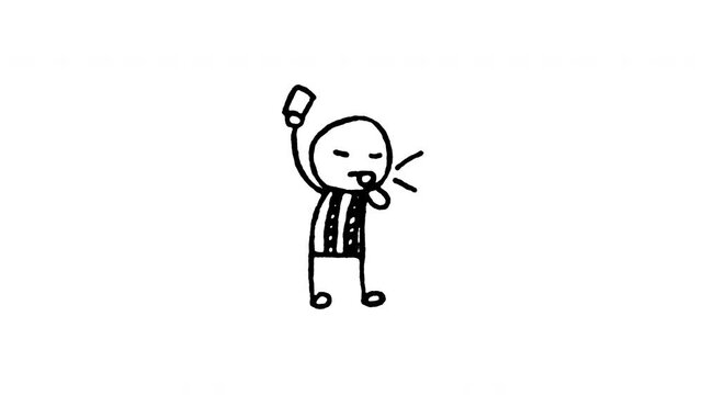 4K hand drawn referee showing red card pop-up icon featuring boiling line animation. Frame by frame line art on black and green screen backgrounds for foul, penalty, expulsion, soccer match.
