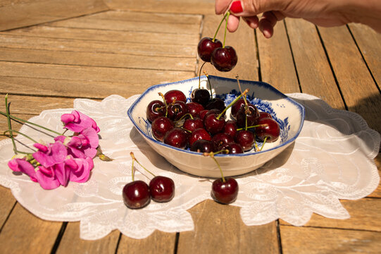 Fresh Ripe Cherries in Sunlight on a Rustic Cottage Garden Table