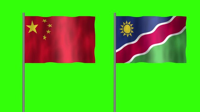 Flag of Namibia and China, Pole flag of Namibia and China on Green screen chroma key, Namibia and China flag waving.
