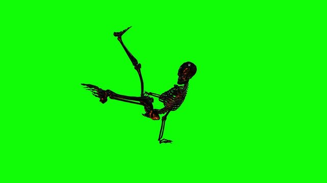 Translucent skeleton performing an energetic breakdance split pose on a green screen for Halloween VFX compositing