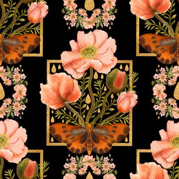 Dark aesthetic seamless botanical pattern with brown butterflies, peach poppy flowers, and golden geometric frames isolated on a black background.