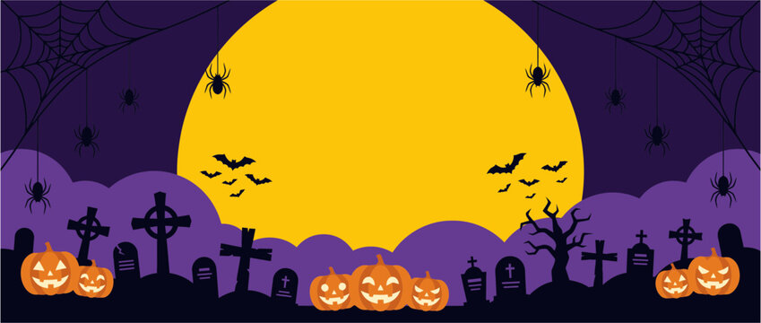 A spooky halloween background vector illustration featuring a large full moon glowing behind a dark graveyard with carved jack o lanterns