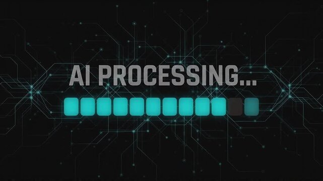 Futuristic ai processing interface animation with digital progress bar on black background.