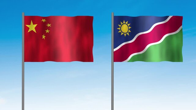 Flag of Namibia and China, Pole flag of Namibia and China on clear sky background. Namibia and China flag waving. 
