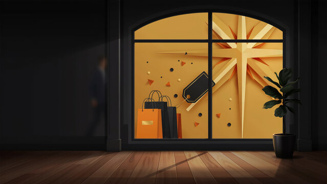 Premium Black Friday storefront window display in orange, black, and gold vector style