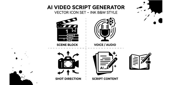AI Video Script Generator Ink Black White-Scene Block Voice Shot Direction-Script Content Vector-Script Icon Ink-AI Content Design Set