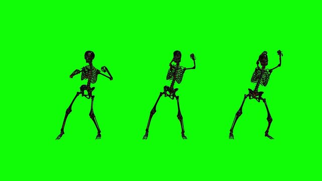 Trio of 3D skeletons dancing with raised arms on a green screen for Halloween party motion graphics and VFX
