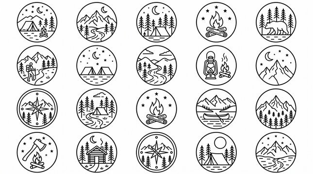 Minimalist camping line icons set, 20 outdoor adventure badges. Black and white nature symbols for hiking and wilderness travel branding.