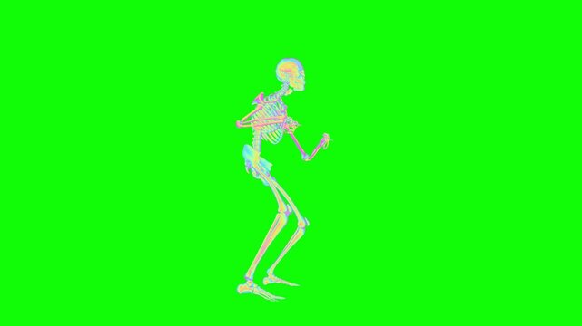 Iridescent holographic skeleton dancing with arms extended on a green screen for futuristic Halloween motion graphics