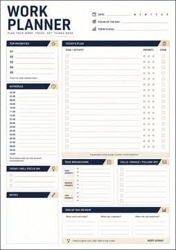 Daily work planner template with schedule and task list isolated on a transparent background
