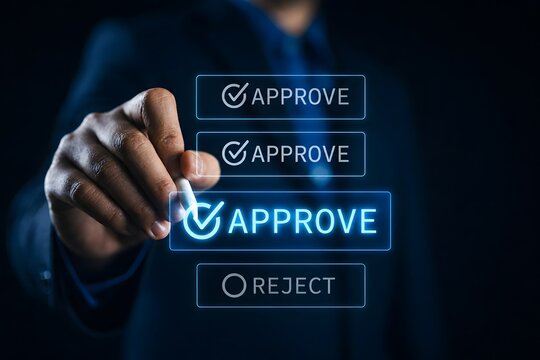 Business executive selecting approve option on virtual interface with stylus pen, digital approval workflow system and online authorization management concept for corporate decision process.