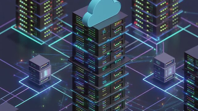 An isometric 3D illustration shows a server rack with a blue cloud icon on top.