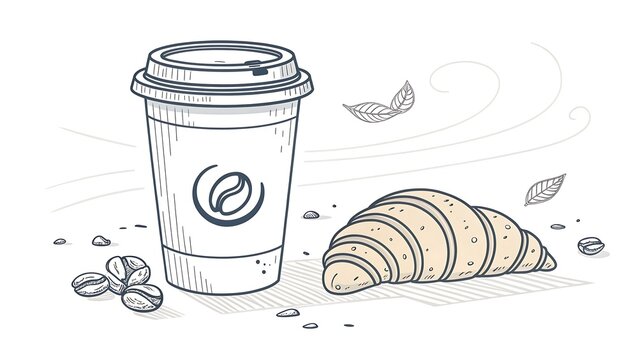 Coffee cup with croissant and coffee beans illustration