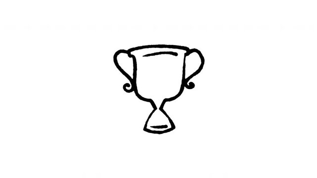 4K hand drawn winner trophy cup pop-up icon featuring boiling line animation. Frame by frame line art on black and green screen backgrounds for championship prize, sports success, award.