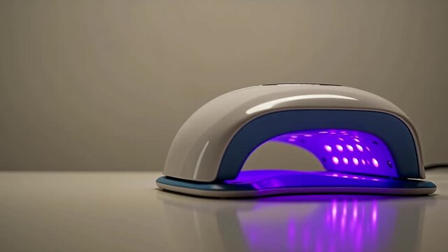 UV nail lamp with purple light illuminating the interior, showcasing a sleek design and modern aesthetic on a reflective surface in a well-lit environment