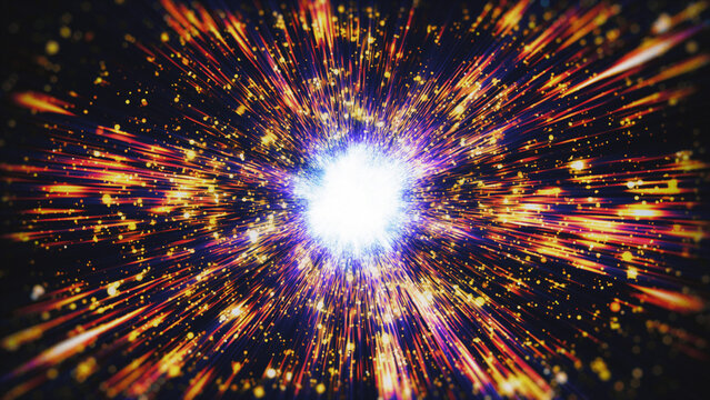 Dramatic big bang supernova explosion with glowing golden rays and flying dust. Perfect for cinematic space intros.