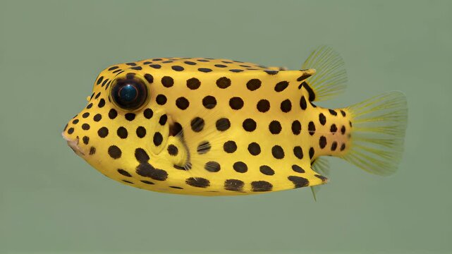 slow-motion video of a yellow spotted boxfish swimming in place against a clean, solid grayish-green background. Flawless studio lighting highlighting the fish's unique cube-like shape
