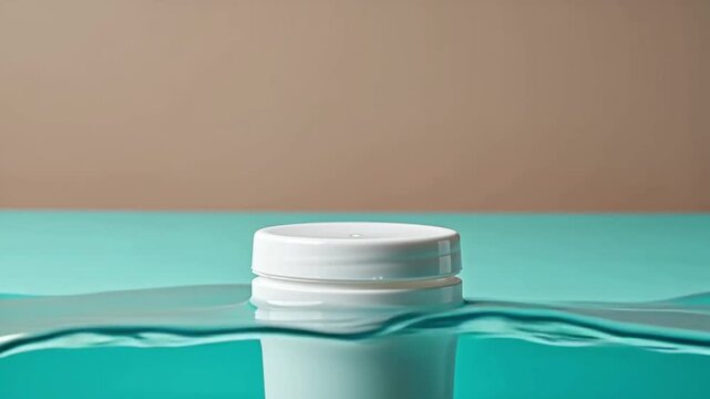 White container floats on surface of turquoise water, creating ripples and reflections against a soft beige background in a serene and minimalistic setting