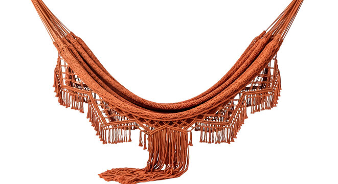 Ornate brown woven hammock with fringe isolated on transparent background
