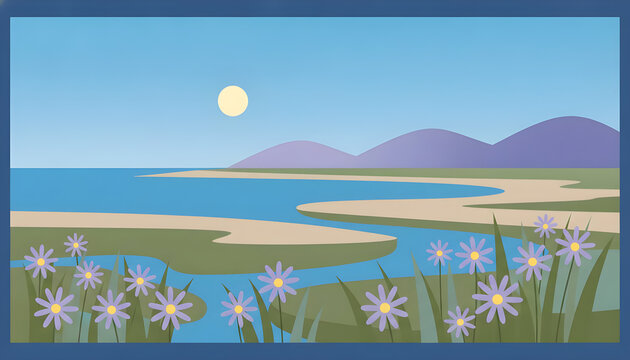 A picture of a lake with flowers in the fore
