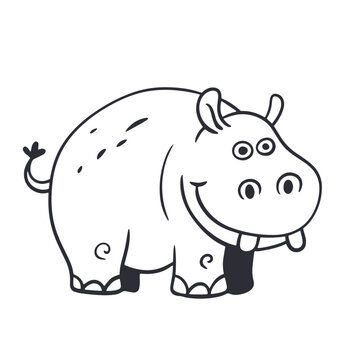 Cute cartoon hippo vector illustration, funny smiling hippopotamus character line art for kids coloring page, nursery design, print or educational book.